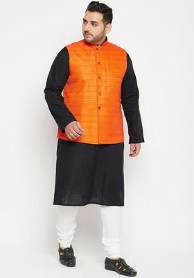 Black Solid Poly Blend Kurta Set For Men
