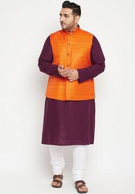 Purple Solid Poly Blend Kurta Set For Men