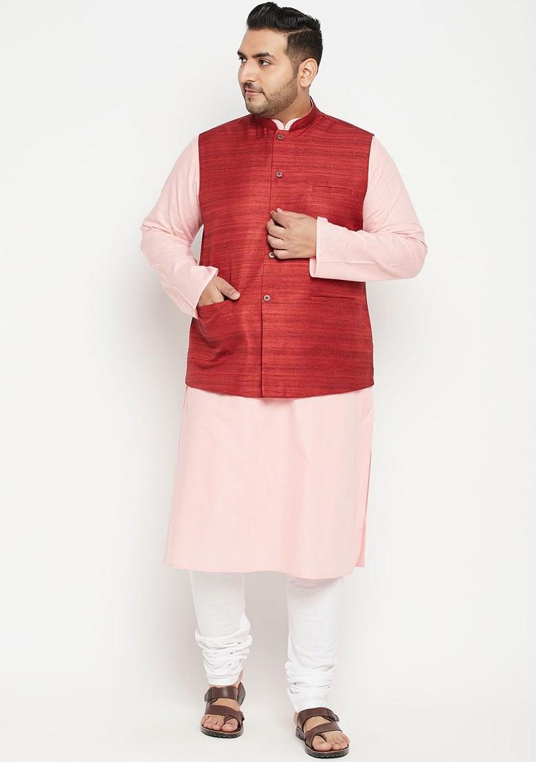 Pink Solid Poly Blend Kurta Set For Men