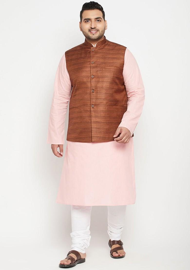 Pink Solid Poly Blend Kurta Set For Men