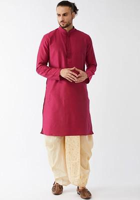 Fuchsia Pink Solid Poly Blend Kurta Set For Men