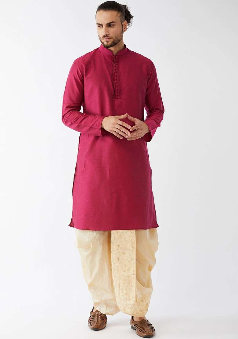 Fuchsia Pink Solid Poly Blend Kurta Set For Men - Indya