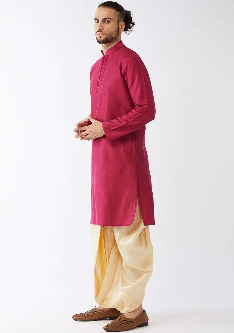 Fuchsia Pink Solid Poly Blend Kurta Set For Men - Indya