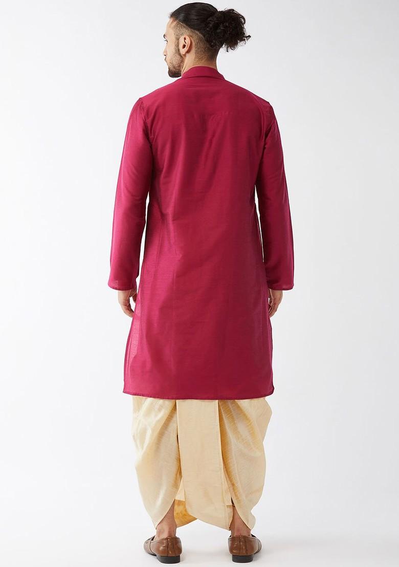 Fuchsia Pink Solid Poly Blend Kurta Set For Men