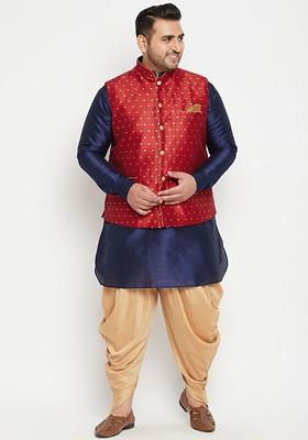 Navy Blue Embroidered Poly Blend Kurta Set For Men