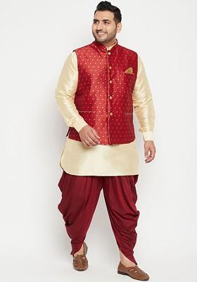 Gold Solid Poly Blend Kurta Set For Men