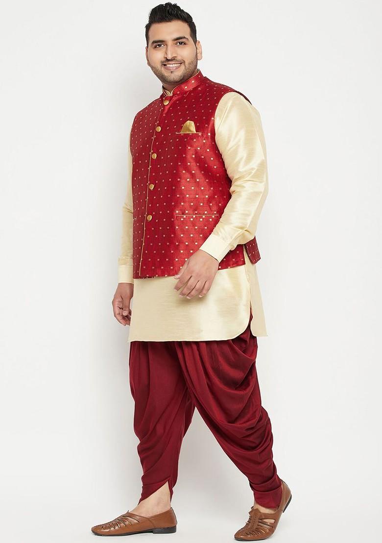 Gold Solid Poly Blend Kurta Set For Men