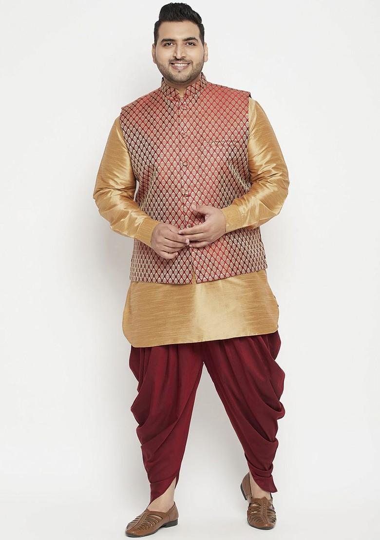 Rose Gold Solid Poly Blend Kurta Set For Men
