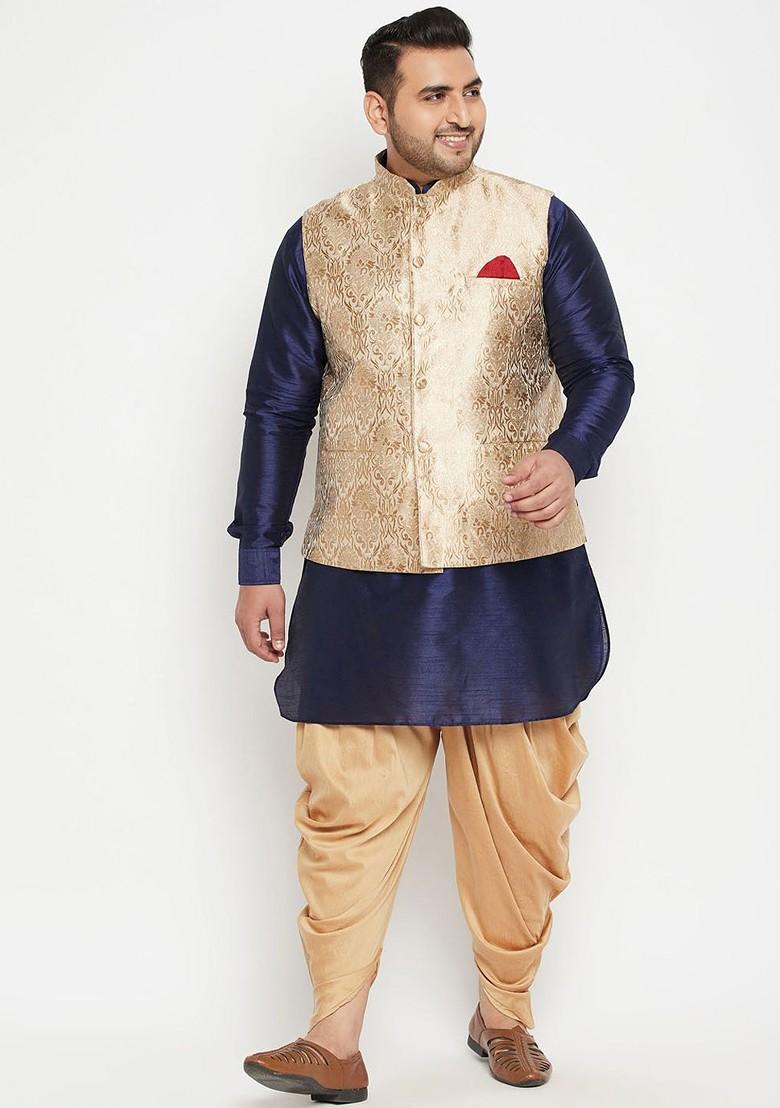 Navy Blue Ethnic Motifs Poly Blend Kurta Set For Men