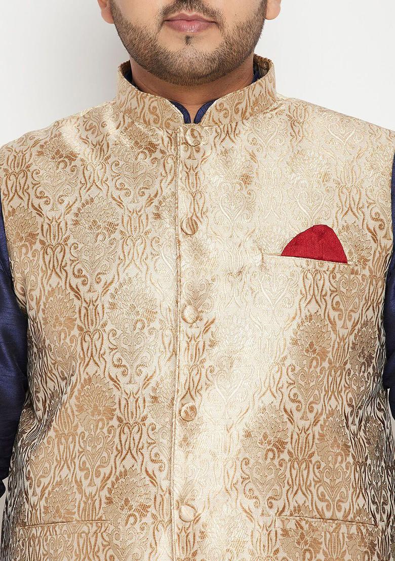 Navy Blue Ethnic Motifs Poly Blend Kurta Set For Men