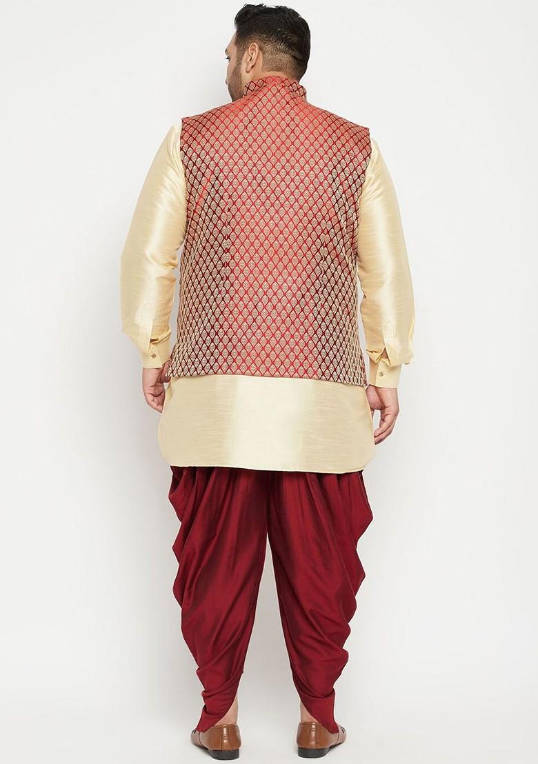 Gold Solid Poly Blend Kurta Set For Men