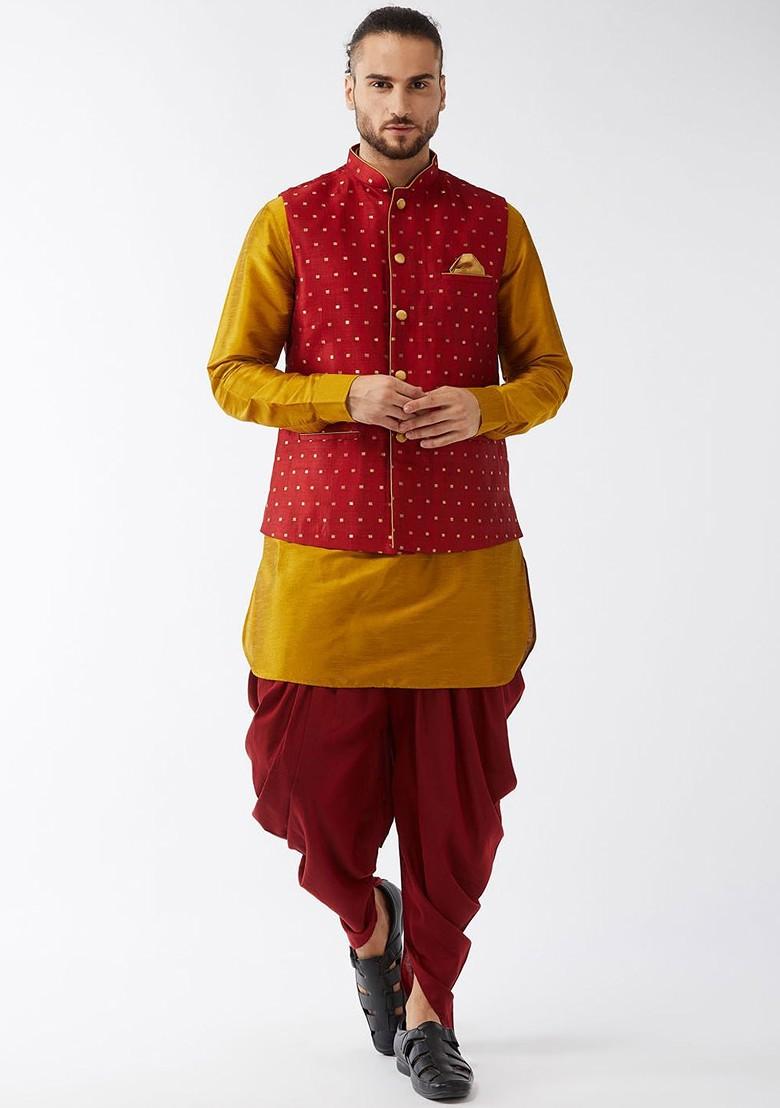 Mustard Solid Poly Blend Kurta Set For Men