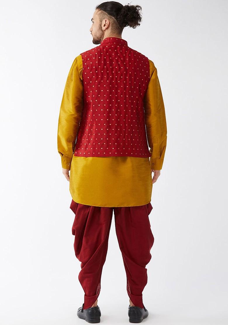 Mustard Solid Poly Blend Kurta Set For Men
