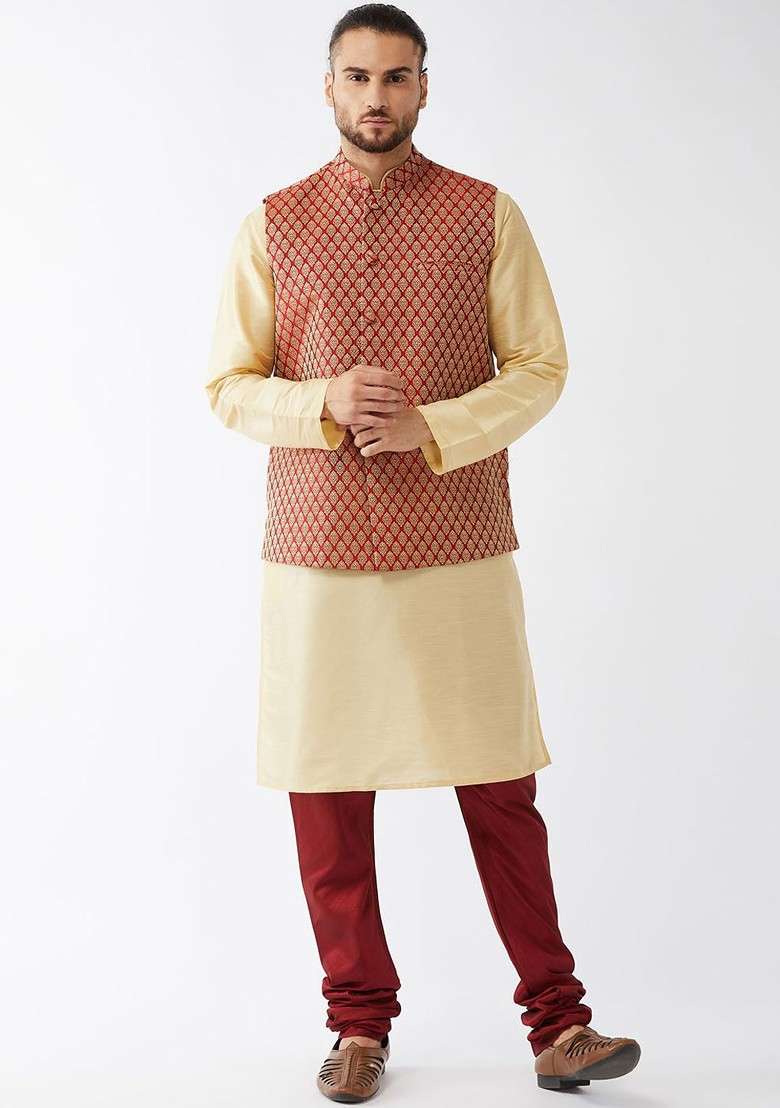 Beige Solid Poly Blend Kurta Set For Men - Indya