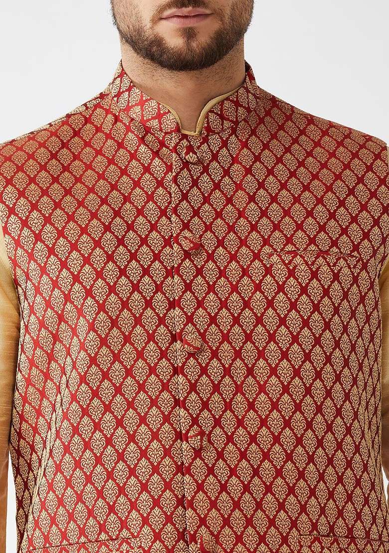 Beige Solid Poly Blend Kurta Set For Men - Indya