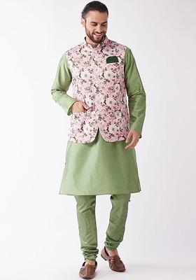 Green Solid Poly Blend Kurta Set For Men