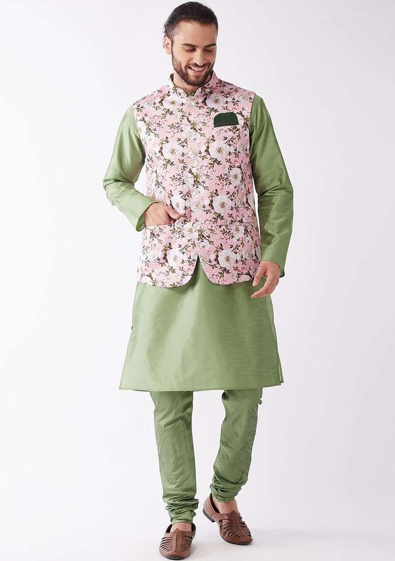 Green Solid Poly Blend Kurta Set For Men - Indya