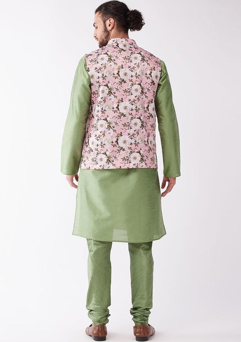 Green Solid Poly Blend Kurta Set For Men