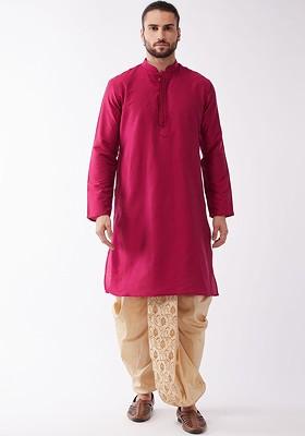 Fuchsia Pink Solid Poly Blend Kurta Set For Men