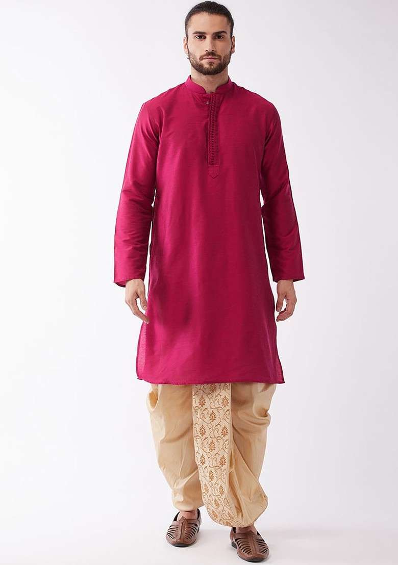 Fuchsia Pink Solid Poly Blend Kurta Set For Men - Indya