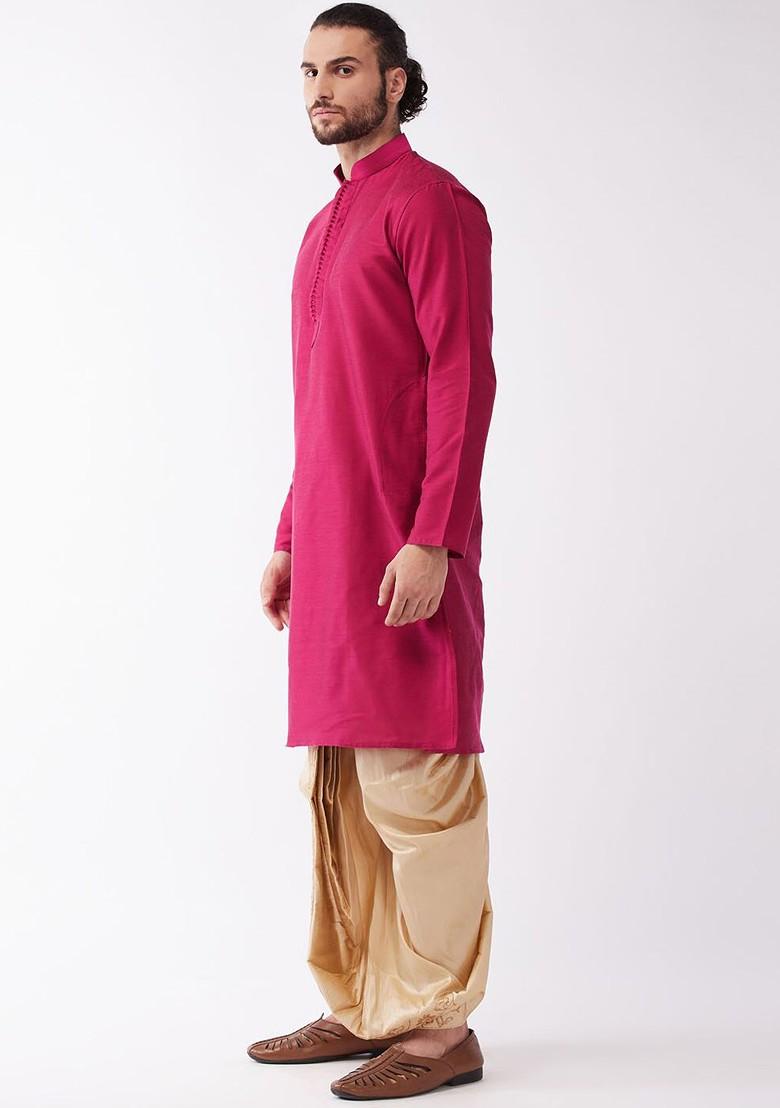 Fuchsia Pink Solid Poly Blend Kurta Set For Men