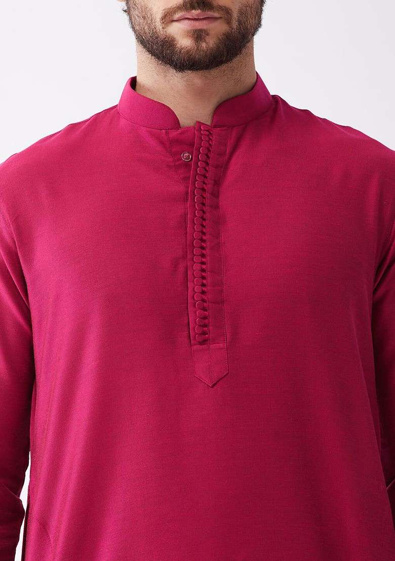 Fuchsia Pink Solid Poly Blend Kurta Set For Men - Indya