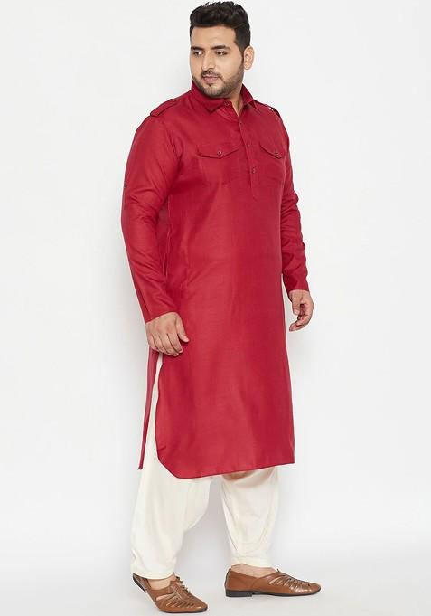 Maroon Solid Pathani Kurta Set For Men