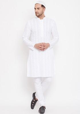 White Solid Cotton Kurta Set For Men