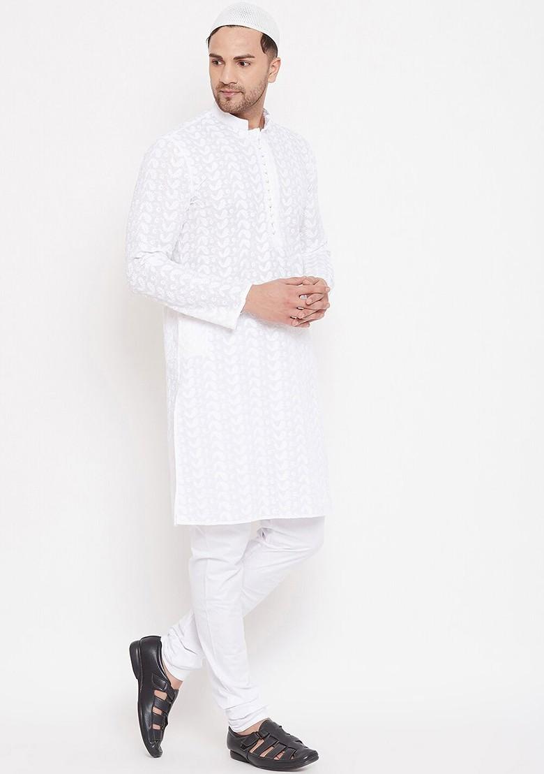White Solid Cotton Kurta Set For Men