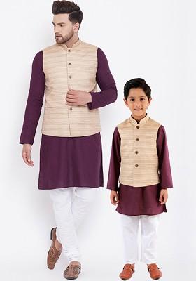 Purple Solid Poly Blend Kurta Set For Men