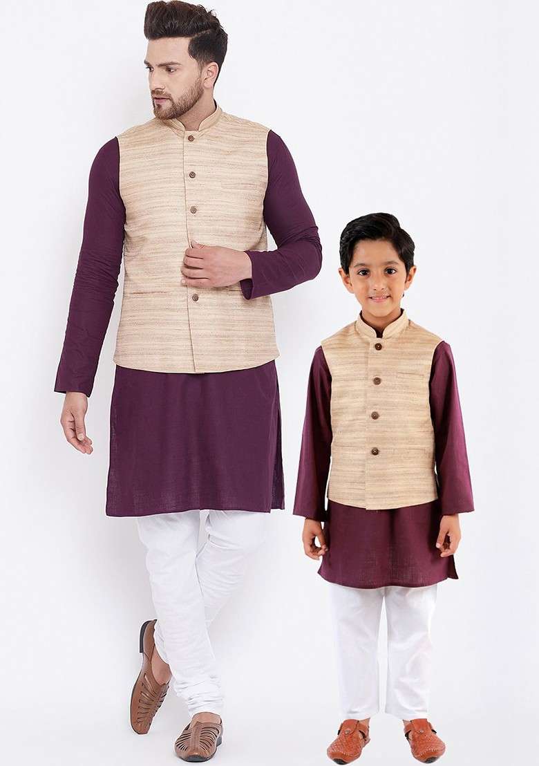 Purple Solid Poly Blend Kurta Set For Men - Indya