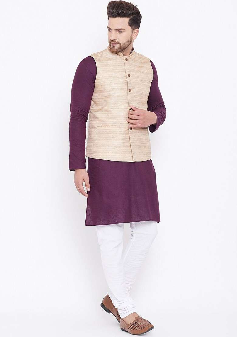 Purple Solid Poly Blend Kurta Set For Men - Indya