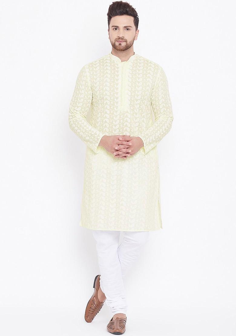 Yellow Solid Cotton Kurta Set For Men