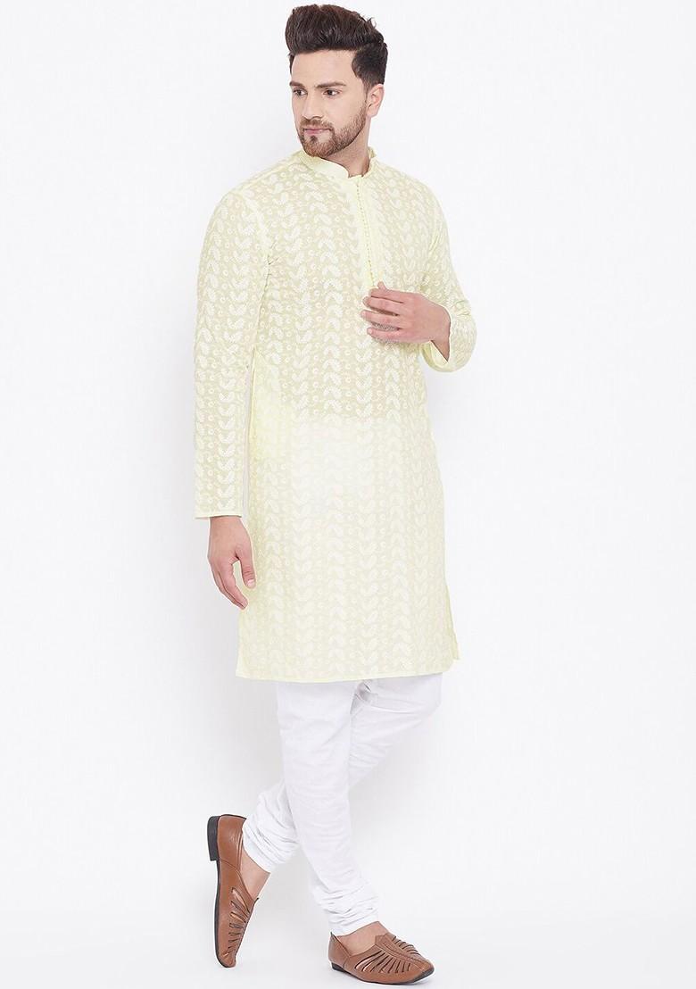 Yellow Solid Cotton Kurta Set For Men