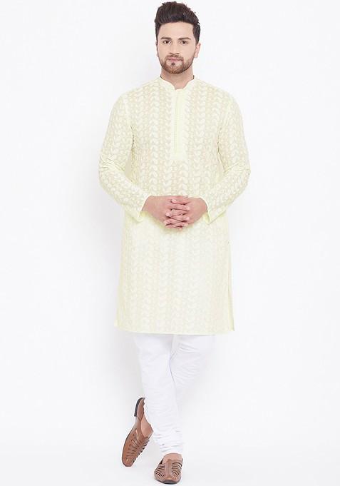 Yellow Solid Cotton Kurta Set For Men