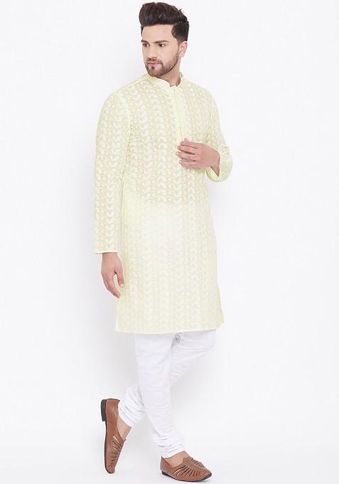 Yellow Solid Cotton Kurta Set For Men