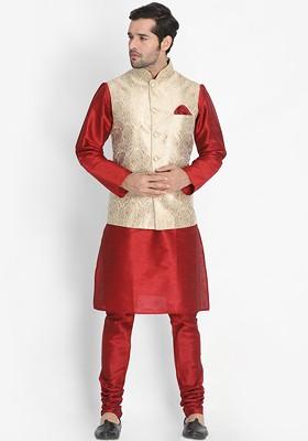 Maroon Solid Poly Blend Kurta Set For Men