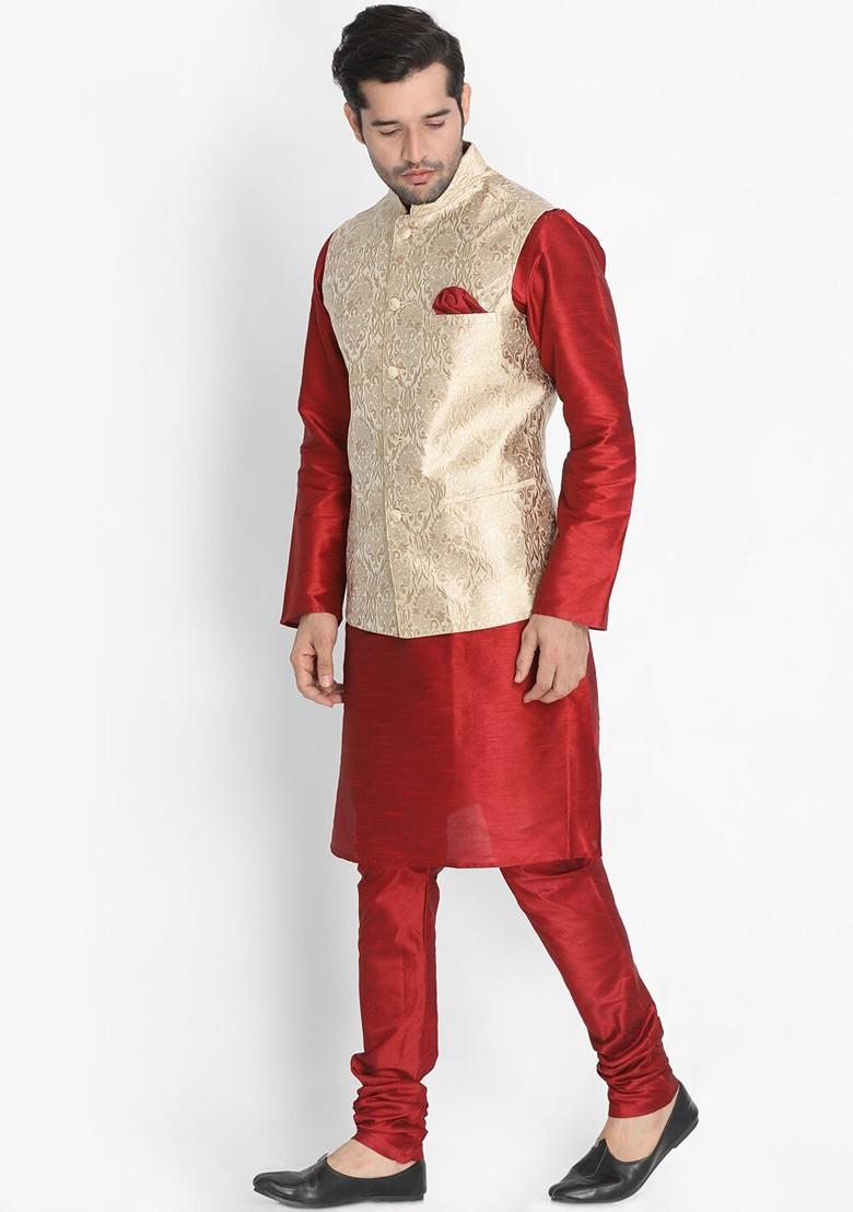 Maroon Solid Poly Blend Kurta Set For Men