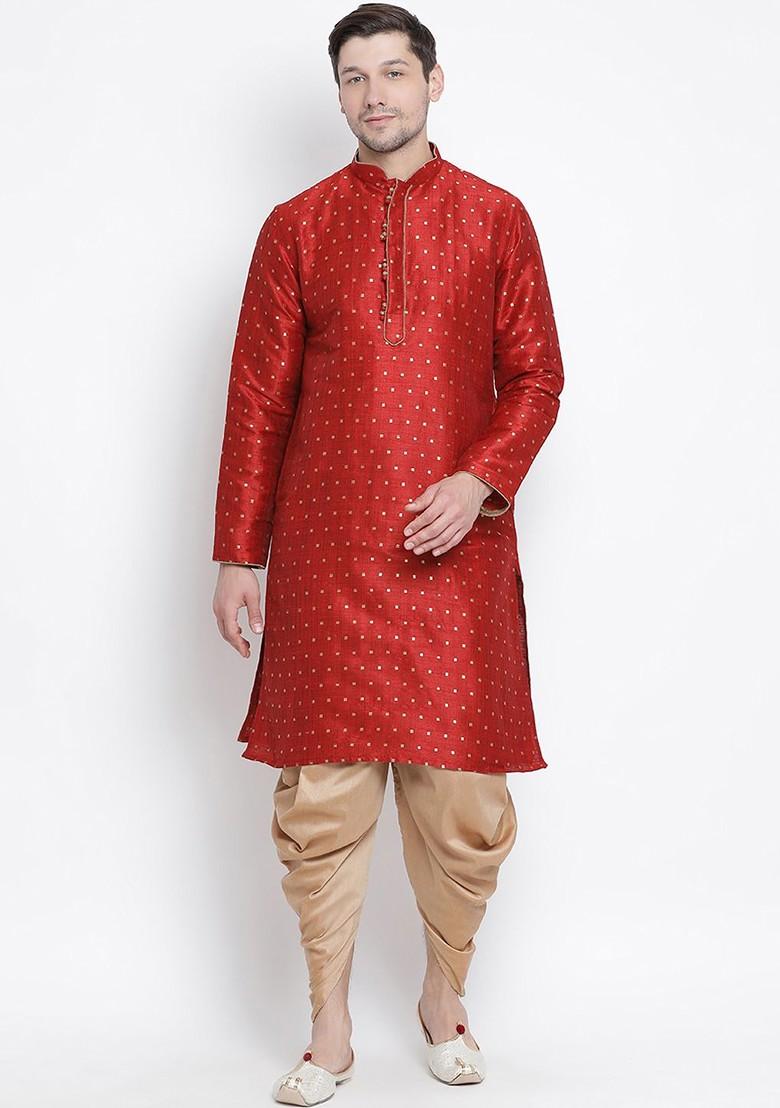Maroon Solid Poly Blend Kurta Set For Men