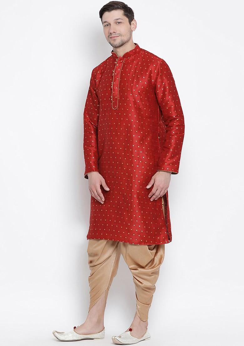 Maroon Solid Poly Blend Kurta Set For Men