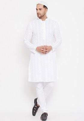 White Embroidered Poly Blend Kurta Set For Men