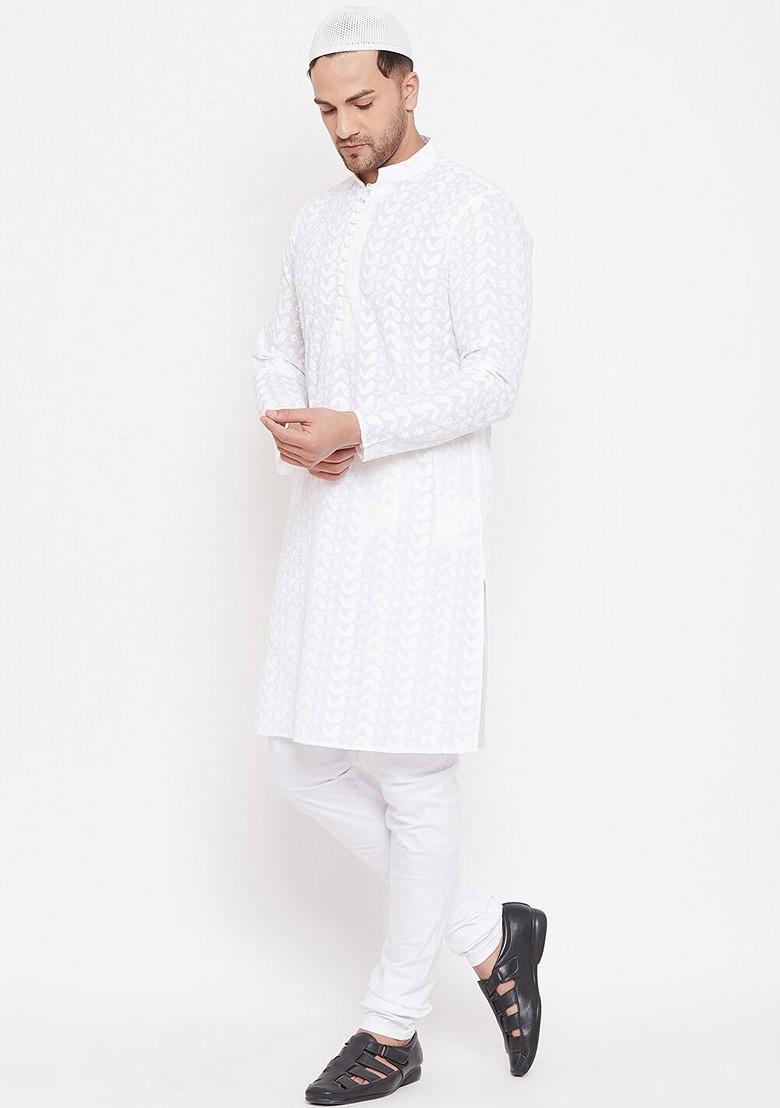 White Embroidered Poly Blend Kurta Set For Men