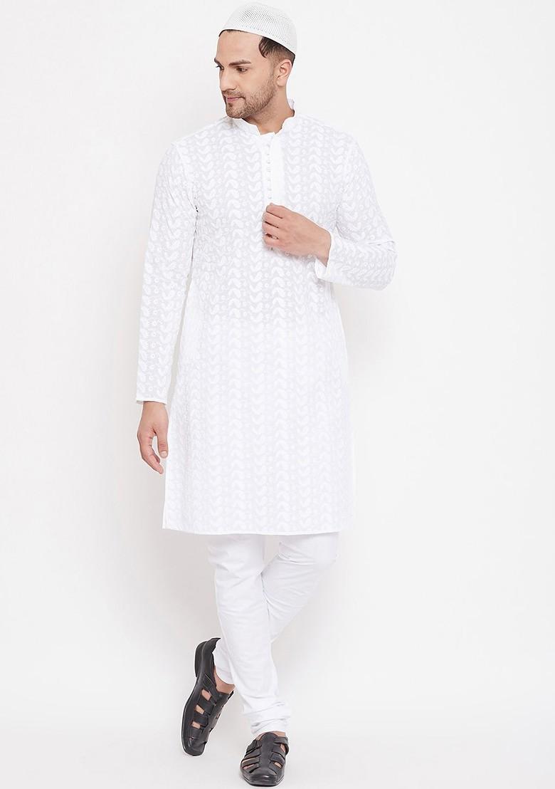 White Embroidered Poly Blend Kurta Set For Men