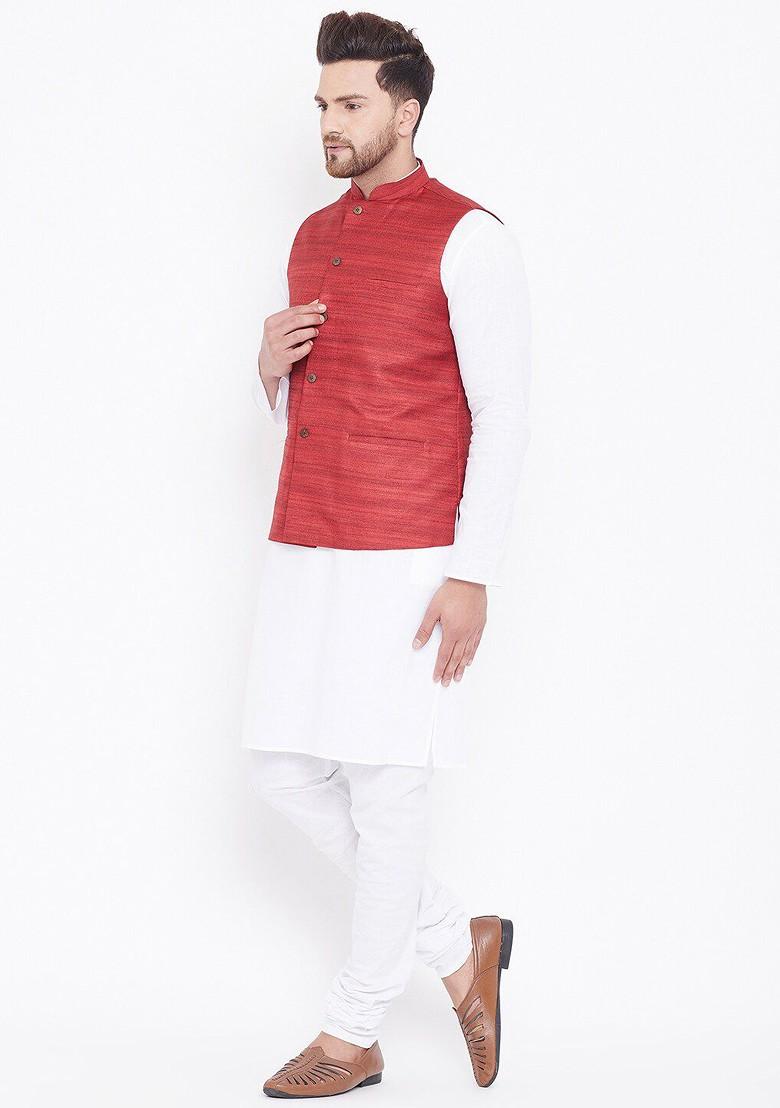 White Solid Poly Blend Kurta Set For Men