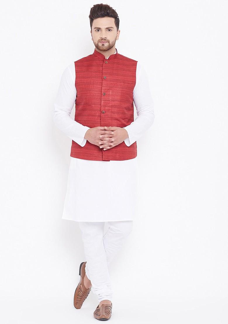 White Solid Poly Blend Kurta Set For Men