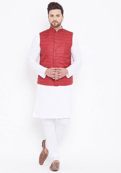 White Solid Poly Blend Kurta Set For Men