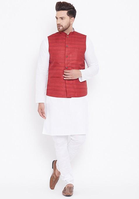 White Solid Poly Blend Kurta Set For Men