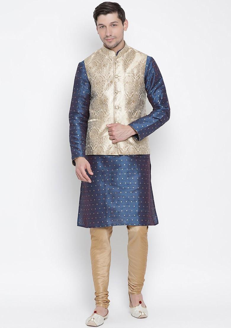 Blue Solid Poly Blend Kurta Set For Men