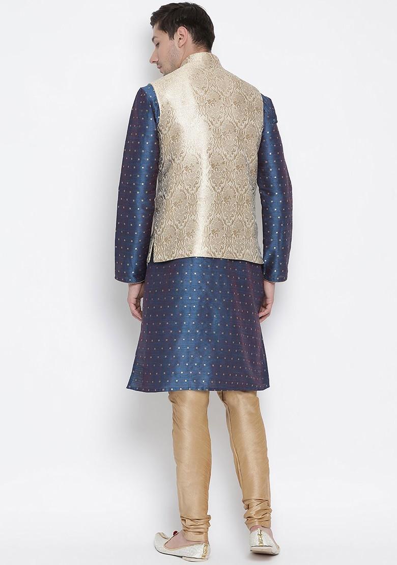 Blue Solid Poly Blend Kurta Set For Men