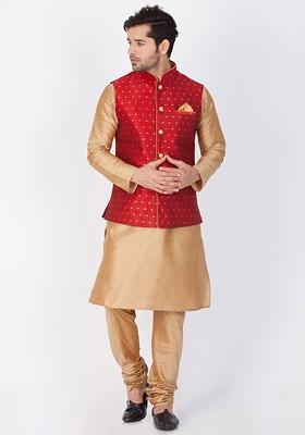 Maroon Solid Poly Blend Kurta Set For Men